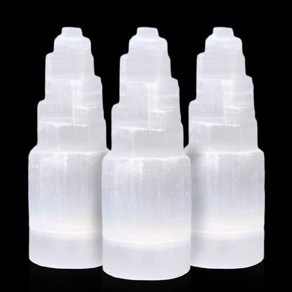 Himalayan Glow WBM Selenite Tower Skyscraper 10cm, Natural Home Decoration & Meditation Crystal Selenite Stone -3 PCS Selenite Lamp, (Pack of 3), White