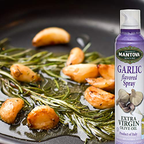 Mantova Extra Virgin Olive Oil Spray Garlic Flavored 8 oz. Spray Bottle - Manage Oil Amount - Great For Salads & Cooking
