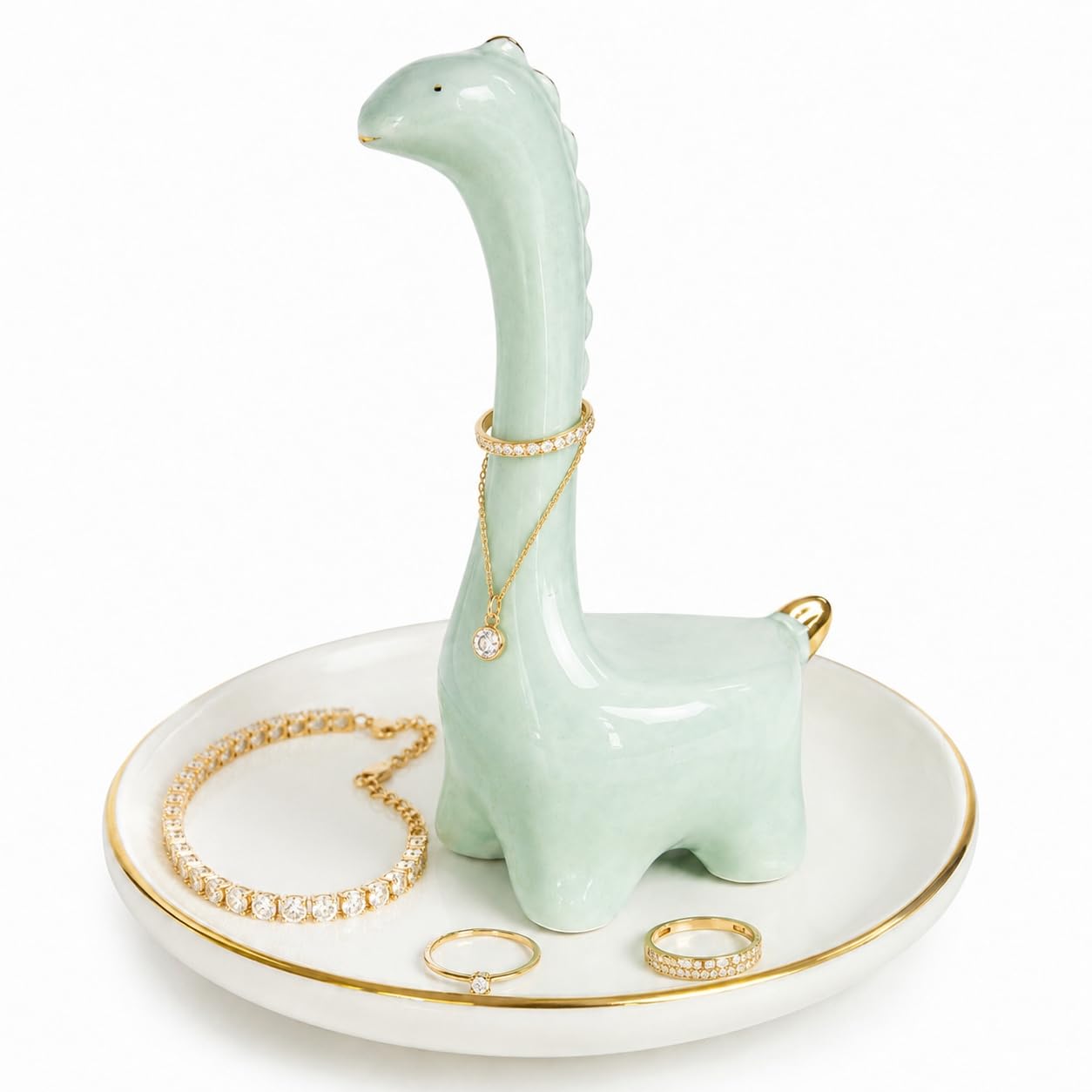 bwszrosa Ring Holder Dinosaur Jewelry Dish, Ceramic Dino Trinket Tray for Rings Earrings Necklace Bracelet, Animal Organizer for Vanity Nightstand Bathroom