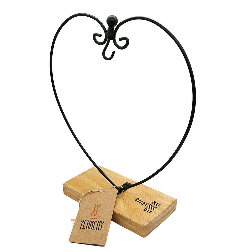 Ornament Display Stand Metal Shelf Brackets Iron Pothook Stand for Hanging Glass Terrarium/Picture (Heart-Shaped Wood Base, Black)