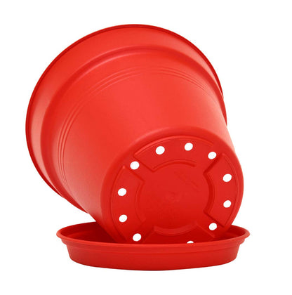 Mintra Garden Pots, 4 Pack Bulk Plastic Plant Pots with Drainage Tray, Round Indoor & Outdoor Decorative Planters with Drain Holes for Flowers, Herbs & Plants, 19cm Diameter – Red, 7.5 in