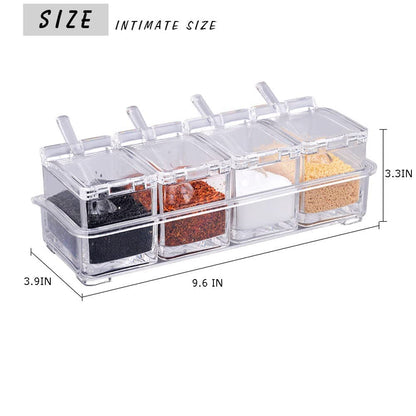 CLUQMEIK Clear Seasoning Box,4 Spice Jars Condiment Containers with Lids and 4Pcs Spoons 1Pcs Tray Seasoning Organizer for Salt, Sugar,Cardamon, Cinnamon,Cloves,Mustard,Nutmeg,Pepper and Tumeric