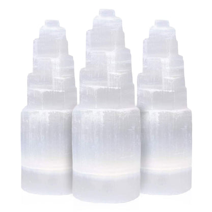 NORTHLANDZ Selenite Crystal Skyscraper Tower, Healing & Calming Effects, Cordless Meditation Stones, 10 cm Each – 3 Pack, White