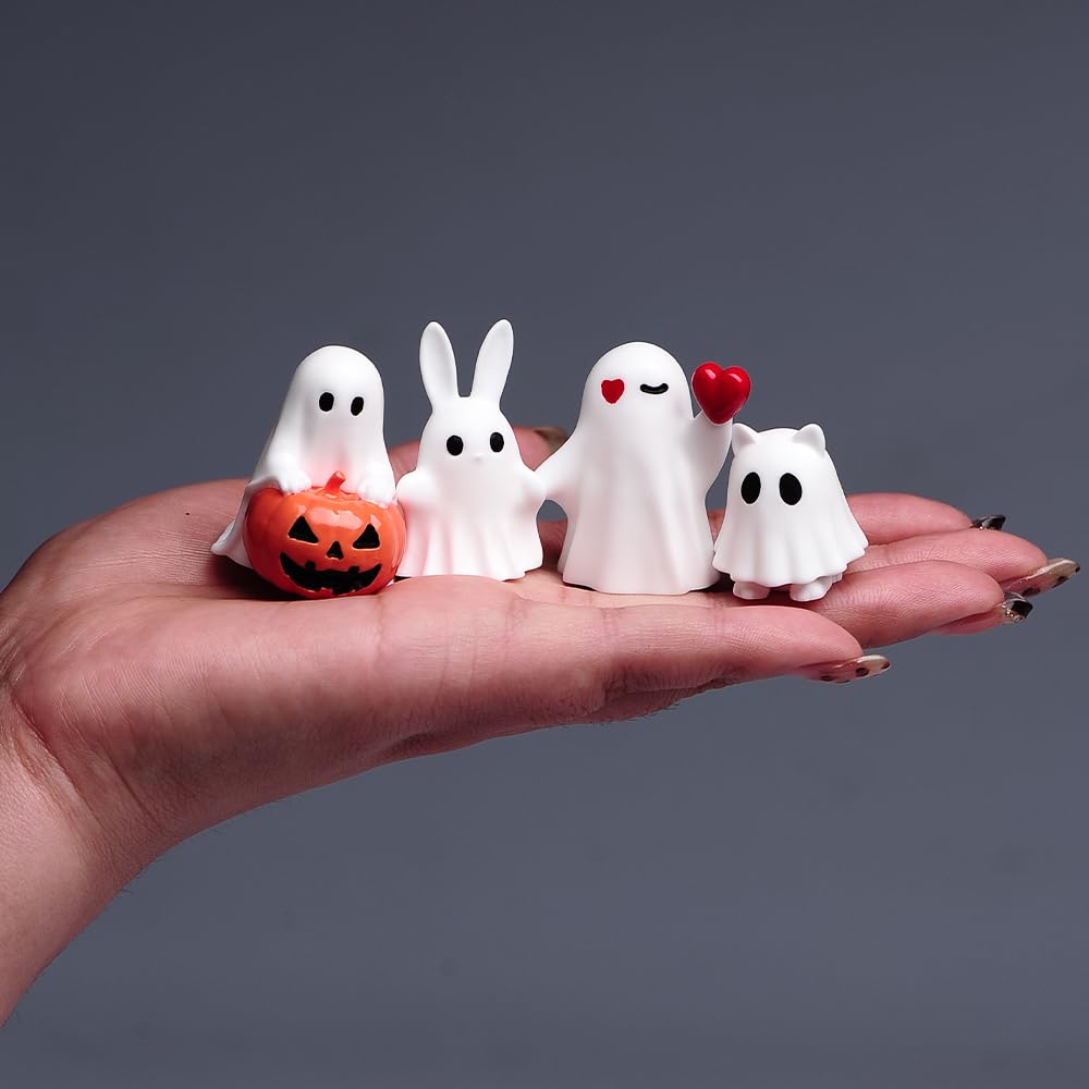 jaming 4PCS Ghost Halloween Desk Decor Mini Figurines,Adorably Spooky Pumpkin Ghosts Home Tabletop Shelf Decorations,Display Statues Party Favors Gift
