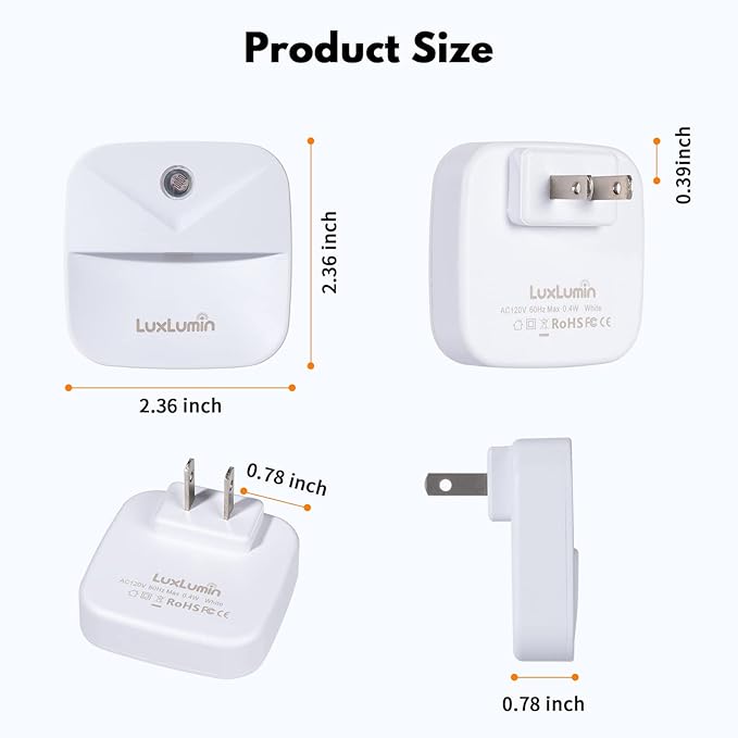 LuxLumin LED Night Lights Plug into Wall with Smart Dusk-to-Dawn Sensor, Automatically Turn on and Off,Night Light for Kids,Bedroom,Bathroom,Stairs,White, 4 Packs