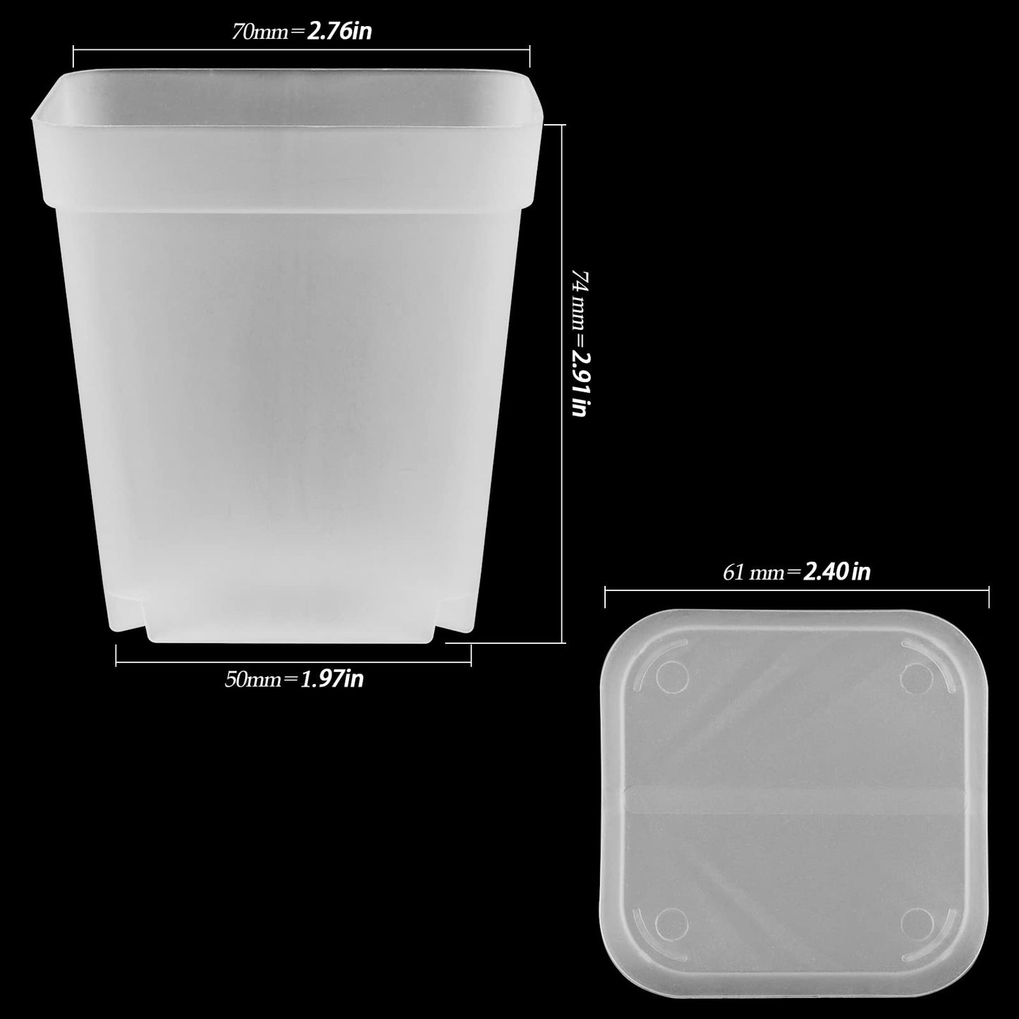 HEIHAK 100 PCS 3 Inches Plastic Square Nursery Pot, Transparent Square Plastic Starter Pots with Saucers and Drainage Hole, Clear Nursery Pots for Your Room, Garden, Office and Balcony Decor