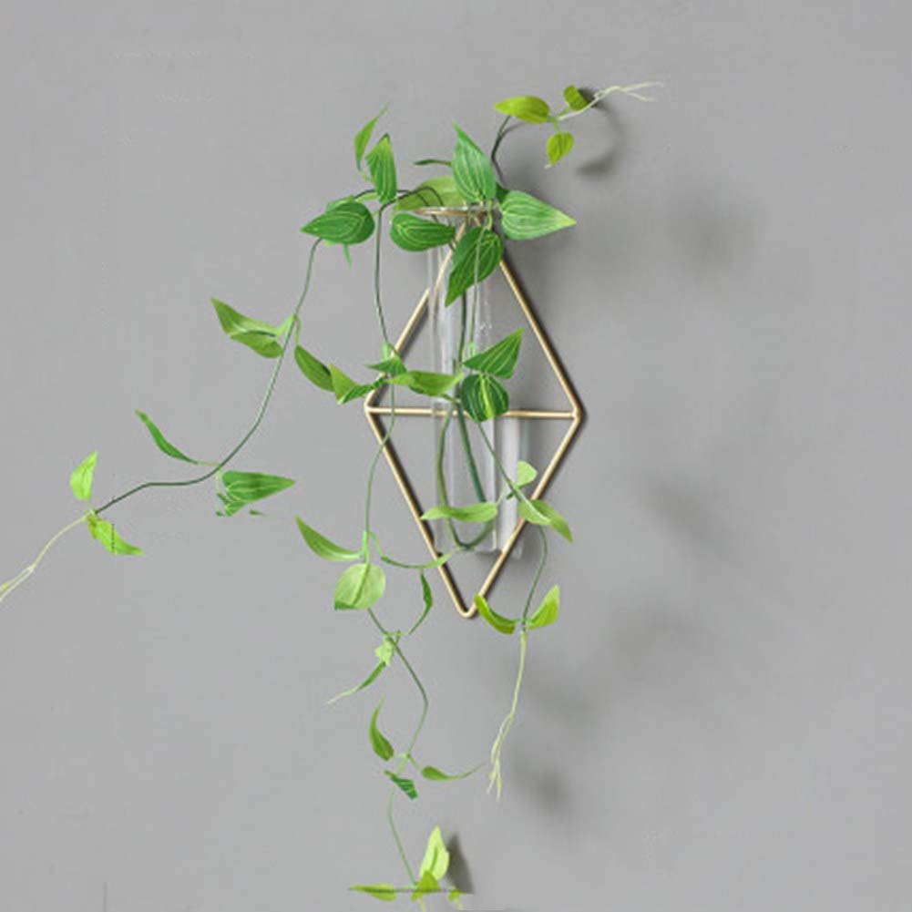 Nordic Wall Vase,Gold Geometric Vase Hanging Hydroponic Planter,Wall-Mounted Metal Glass Tube Bud Vase Decorative for Centerpieces Wedding Home Decor(Gold 4)
