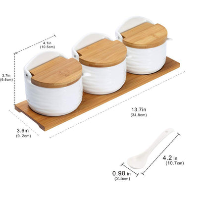 Ceramic Sugar Bowl with Bamboo Lids and Spoons Serving Tray, Porcelain Sugar Container for Sugar Tea Coffee Spice,Salt Condiment with Chalkboard Labels for Home Kitchen ,9.1 fl oz 270 ML,3PCS