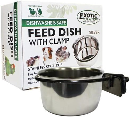 Stainless Steel Cup w/Holder - Durable Metal Mountable Food & Water Dish - Sugar Gliders, Hedgehogs, Chinchillas, Rats, Ferrets, Guinea Pigs, Rabbits, Squirrels, Birds (10 oz., Silver)