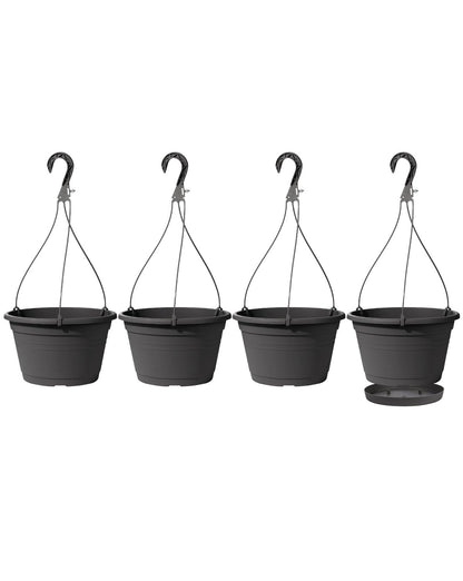 VIDELLY 4 Pcs Hanging Planters,10" Hanging Pots Plastic Hanging Flower Plant Basket with Drainage Trays & Chain Holder for Outdoor Indoor Plants Garden Balcony Decoration, Dark Gray