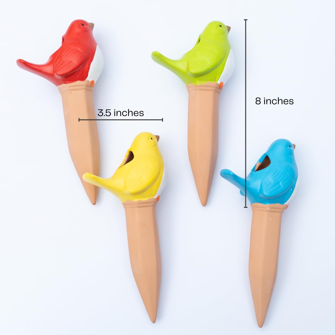 Cotswold Homeware Co 4 Terracotta Bird Plant Watering Devices Plant Waterer Self Watering Terracotta Bird Spikes Self Watering Planter Insert Free Moisture Meter