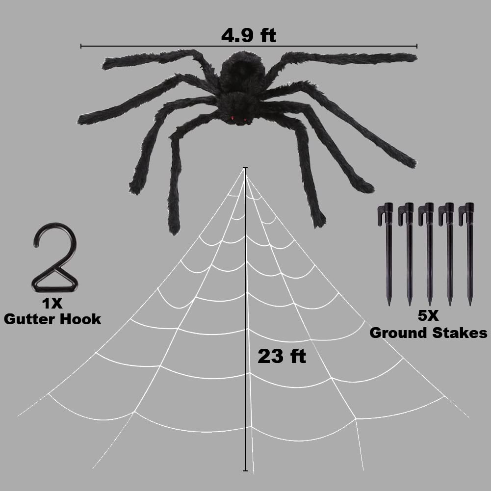 Giant Hairy Spider with Triangle Huge Spider Web for Indoor Outdoor Halloween Decoration Yard Lawn Home Party Haunted House Decor