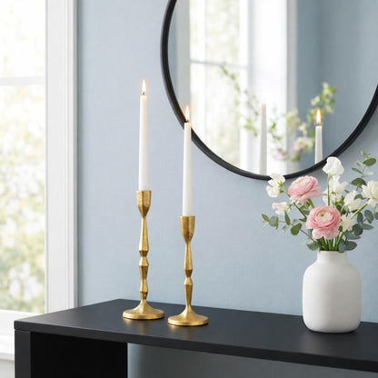 Antique Gold Candlestick Holders - Heavy Duty Cast Iron Candle Stick Holder Set of 2 - Unique Taper Candle Holder for Entryway, Table Decor or Housewarming Gift