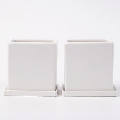 White Ceramic Plant Pots with Saucers, 6 Inch Square Planter Pots Set of 2, Modern Minimalist Medium Flower Pots for Indoor Plants, Snake Plants, Monstera, Home Decor