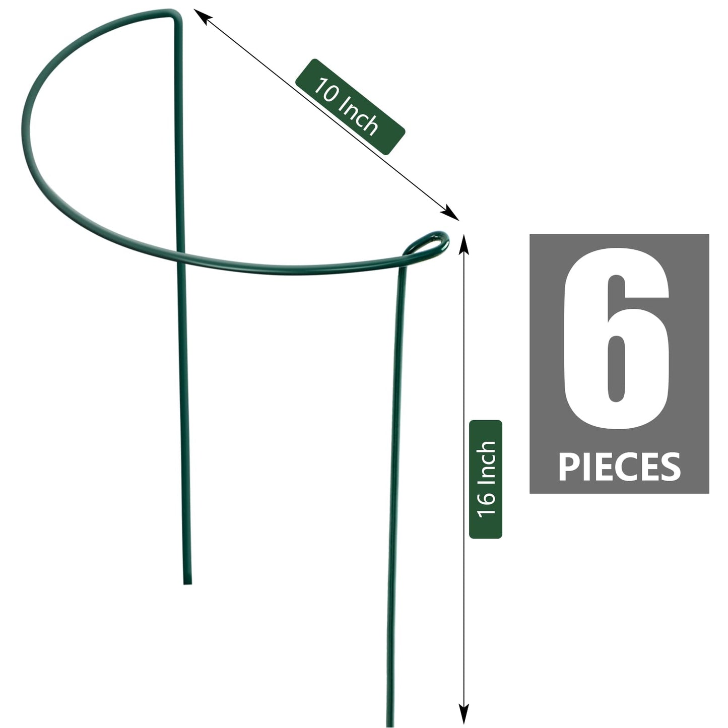 FEED GARDEN 6 Pack Plant Support Stakes, Peony Cages and Supports, Metal Garden Plant Stake(10" Wide x 16" High) Green Half Round Plant Support Rings for Outdoor Indoor Plants, Tomato, Hydrangea