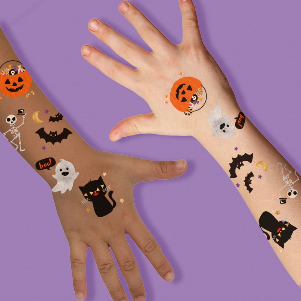 Flash Tattoos CUTE N SPOOKY VARIETY SET of 25 assorted Halloween-inspired premium waterproof metallic gold & silver jewelry temporary foil party tattoos - Party Supplies, gold tattoo, bat, pumpkin