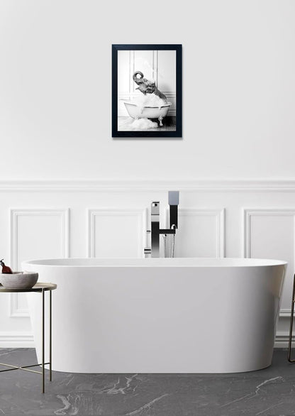 Framed Bathroom Decor Wall Art Elephant in Bathtub Pictures Wall Decor Funny Black and White Animal Canvas Print Artworks for Bathroom