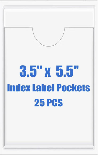 Origin-Joy 25 PCS Self-Adhesive Index Label Pockets, Clear Plastic Peel & Stick Card Holders with Top Open for Loading (3.5 x 5.5 inch)
