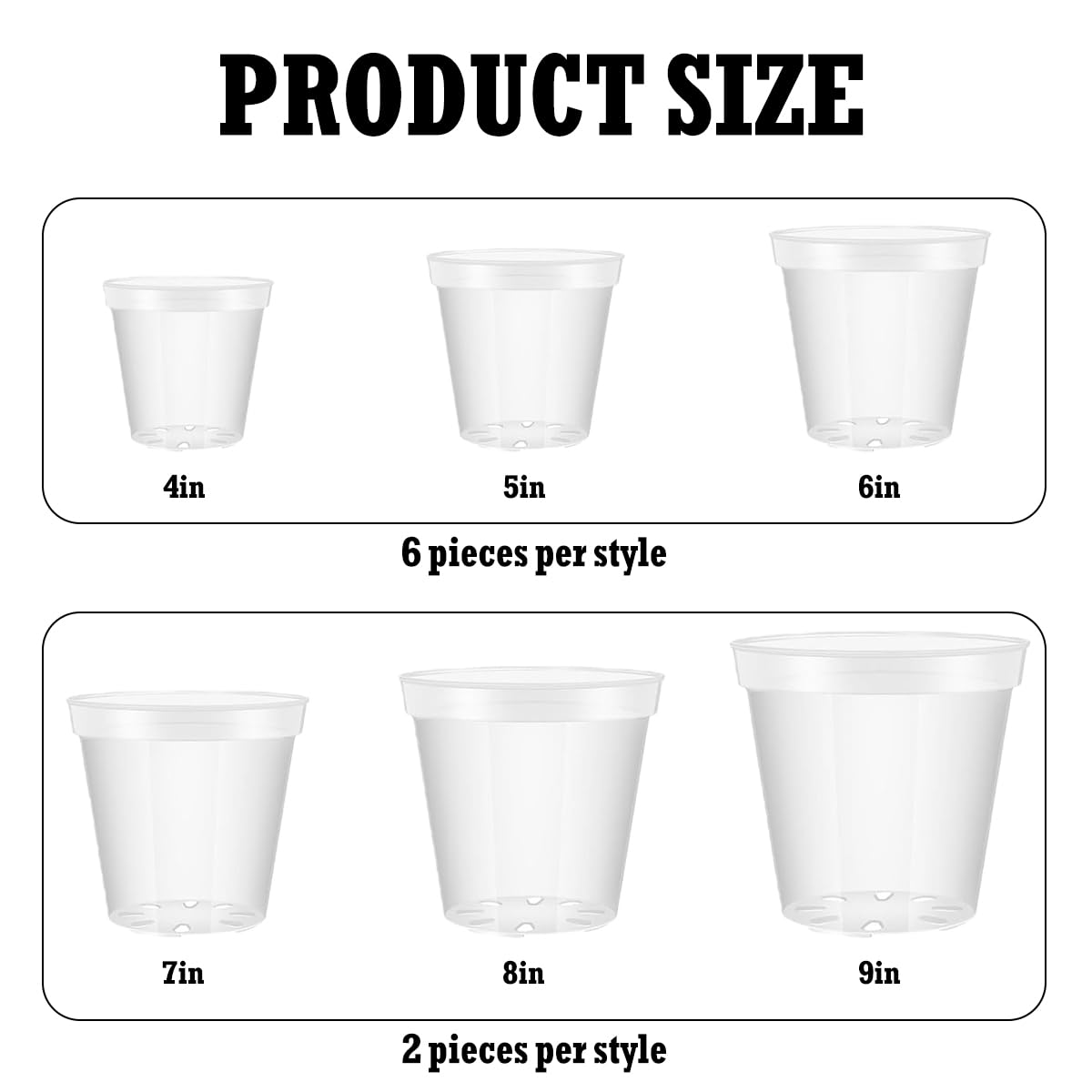 Vankcp 24 Pcs 4/5/6/7/8/9 Inch Clear Nursery Pots with Drainage Holes, Transparent Variety Pack Plastic Plant Pot for Plants, Clear Seedling Planter Pots for Flowers Vegetable Succulents Herbs