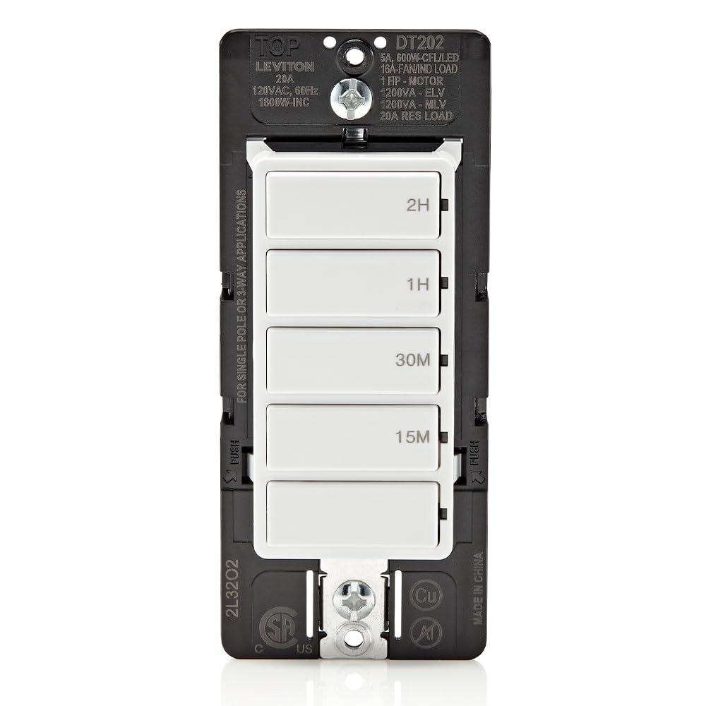 Leviton Countdown Timer Switch for bathroom fan and household lights, 5-10-15-30 min, No Neutral Required, Single Pole, 15A, 1/2 HP/9.8A Fan/Motor, DT130-1LW, White