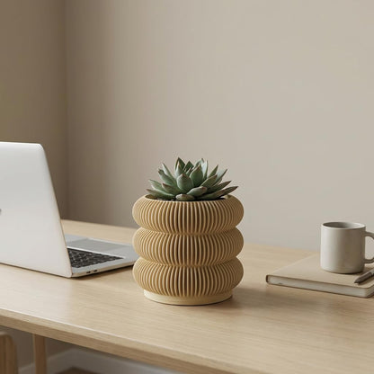 Fabix3D Modern 3D Printed Planter Pot, Minimalist Ripple Design, Lightweight PLA Material, Round Shape with Drainage and Saucer, for Succulents and Indoor Plants (Wood, 4.7")