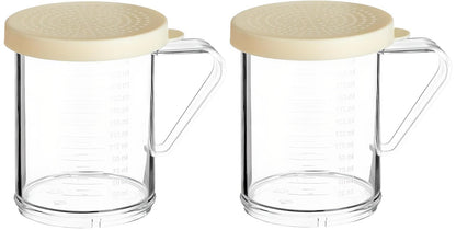 OCS Parts 2-Pack 10 OZ Shaker with 2 Millimeter Perforated Beige Lid | 3.75" Plastic Shakers with Ounce and Millimeter Measurements for Medium-Ground Spices, Salt, Pepper, Dredges, Rubs and Powders