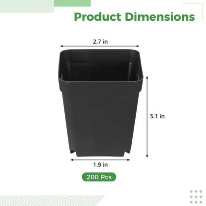 Skdqiee 200 Pack 3 Inch Black Nursery Pot Square Plastic Plant Pots, Seed Starting Planter with Drainage Holes for Succulents, Seedlings, Garden Office Balcony Indoor Outdoor