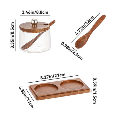Condiment Containers Set with Acacia Wood Lids and Tray Seasoning Box Condiment Pots Jars with Spoons for Spice Salt Sugar Cruet (Silver Top, 2 Jars with Tray)