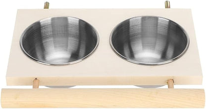 Bird Feeding Dish Cup with Wood Stand Stainless Steel Parrot Food Bowl Water Feeder Cage Accessories with Perch for Cockatiel Parakeet