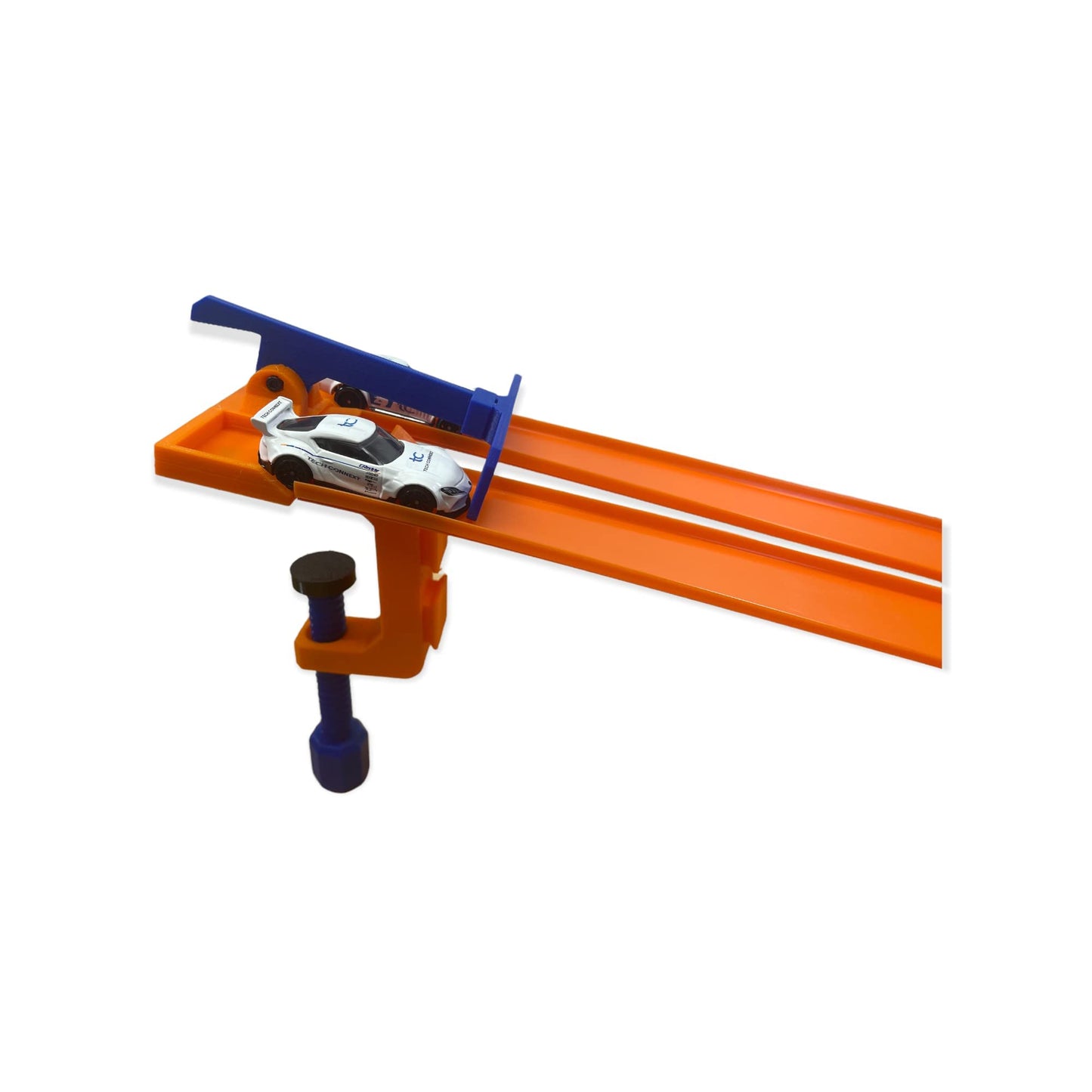 Clamp with 2 Lane Starter Gate Compatible with Hot Wheels Cars and Track (Blue/Orange)