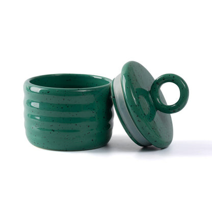 Salt Cellar Keeper with Ceramic Lid, Big Capacity Ceramic Sugar Bowls Pepper Box, Speckled Glaze Seasoning Container Condiment Pot for Kitchen (Green)