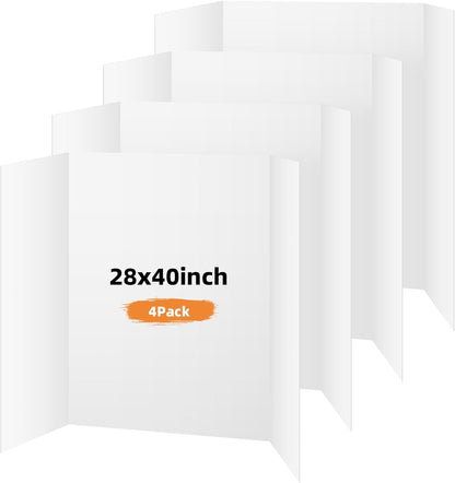 4 Pack Trifold Poster Board, 28x40 Inches White Presentation Board, Portable Display Board for Science Fair, School DIY Project and Business Exhibitions