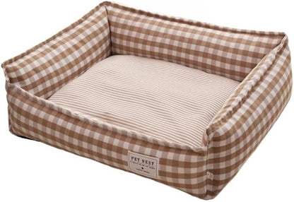 Orthopedic Rectangle Dog Bed for Medium Small Dogs, Plaid Plush Modern Puppy Sofa Bed with Anti-Slip Bottom, Cute Calming Pet Bed(Khaki,X-Large)
