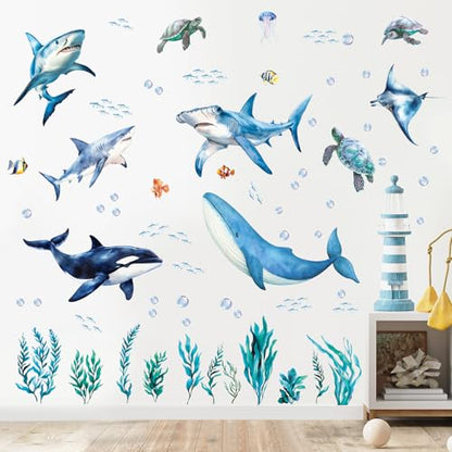 SHUCHING Removable Shark Wall Decals Peel and Stick, Vinyl Ocean Wall Sticker, Under The Sea Wall Decor Art for Nursery Playroom
