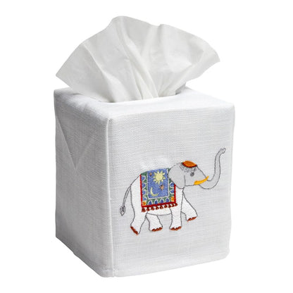 Jacaranda Living Square Tissue Box Cover, Linen/Cotton Tissue Holder, Decorative Cloth Tissue Cover, Fits Standard Square Tissue Boxes, Embroidered Animal Designs, Charming Elephant (Blue)