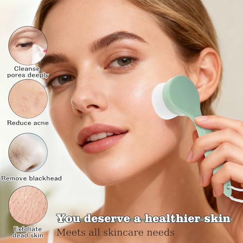 2 Pack Soft Bristle Facial Cleansing Brush for Deep Pore Cleaning, Face Exfoliating Scrub Brush for Face Cleansing Skincare Massaging (Pink and Jade White)