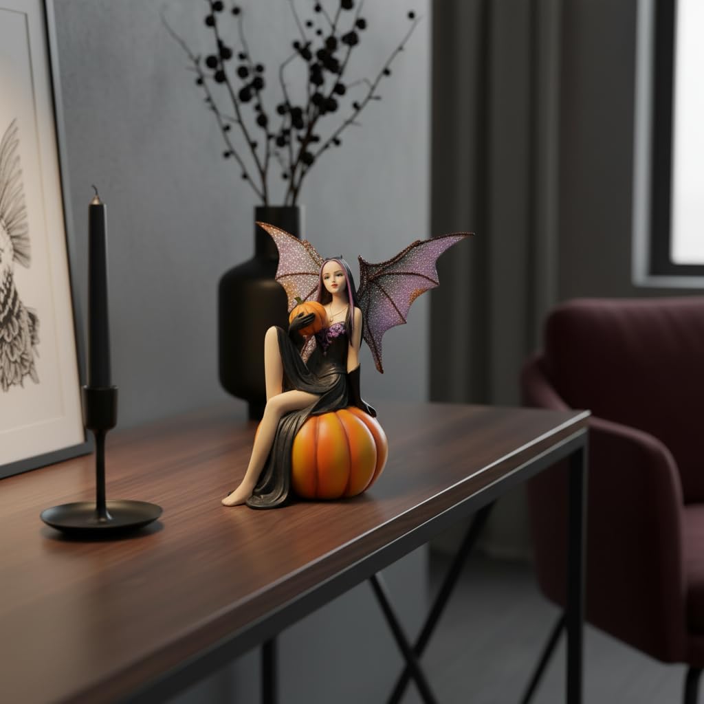 Comfy Hour 5.9" Resin Halloween Pumpkin Fairy Figurine, Gothic Dark Fantasy Sorceress Statue with Bat Wings, Mystical Antique Style Home Decor