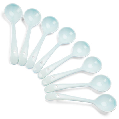 Ceramic Spoons Set of 8, Ceramic Chinese Soup Spoon, Asian Soup Spoons, Blue Japanese Spoon Large for Ramen Pho Wonton Dumpling Miso, Deep Oval Hook Design (8, Blue)