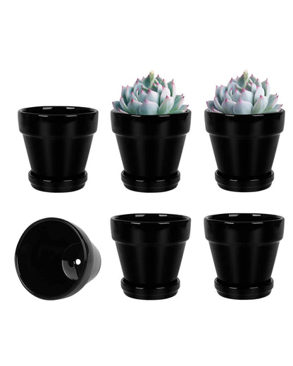 vensovo 4 Inch Black Ceramic Pots for Plant with Saucer - 6 Pack Small Ceramic Planter with Drainage Hole, Flowerpot with Tray, Great for Indoor Outdoor Plants, Crafts, Wedding Favor