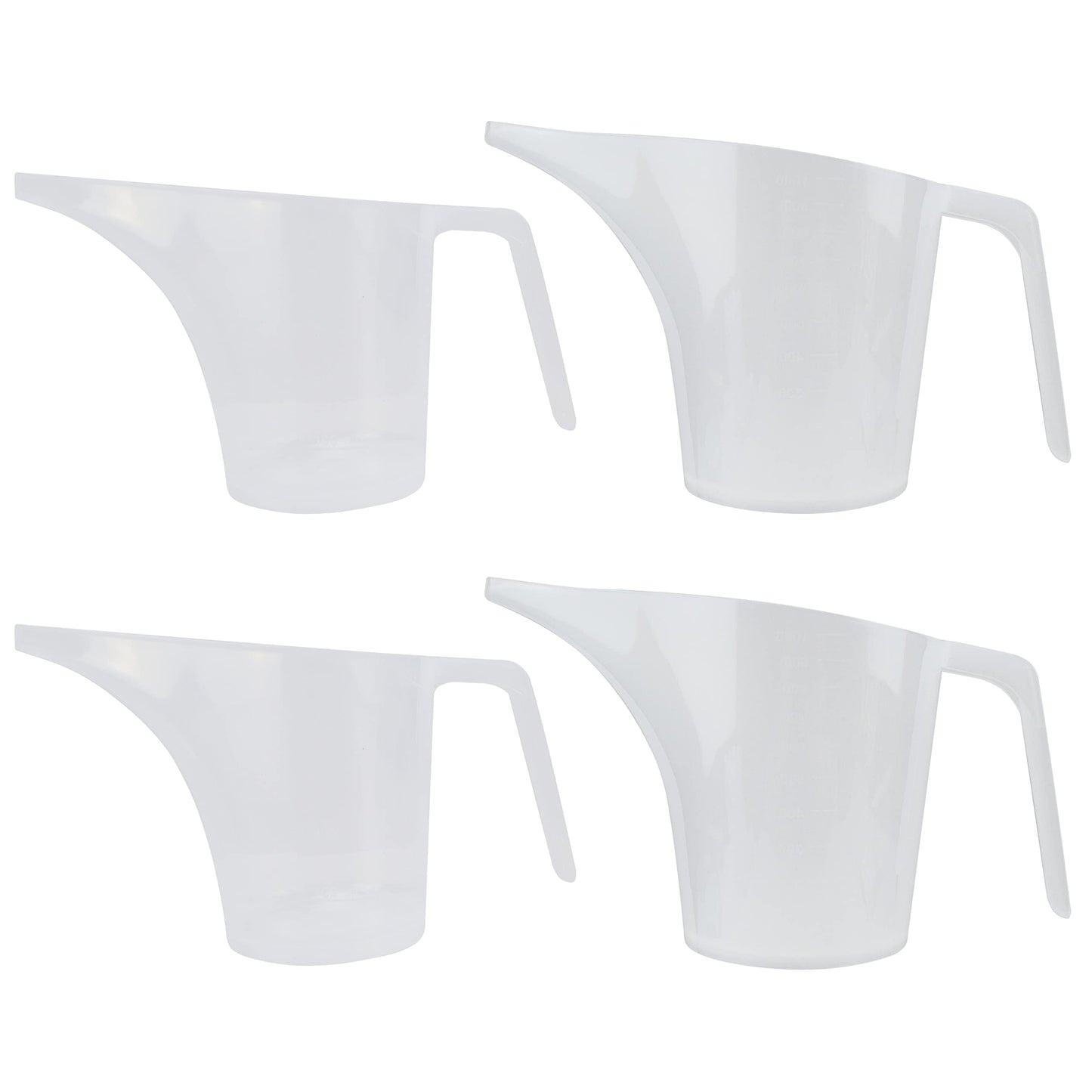 EIKS Plastic Funnel Pitcher Measuring Cup with Long Spout for Filling Muffin Pans, Baking Molds, Salt Shakers, Pancake Batter, Watering Plants (2-Pack 1000ml + 2-Pack 500ml)