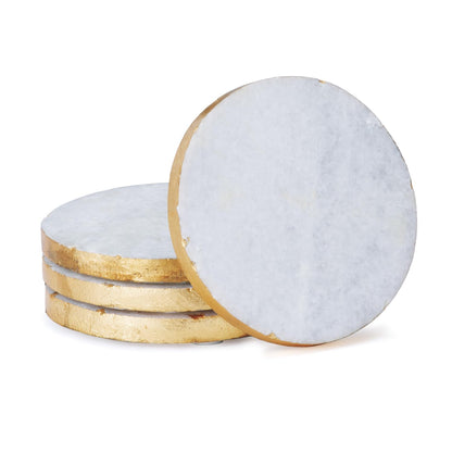 Thirstystone 4 Pack Round Natural White Marble Coasters w/ Gold Edges 4" Diameter Elegant, Luxurious, Stemware Safe