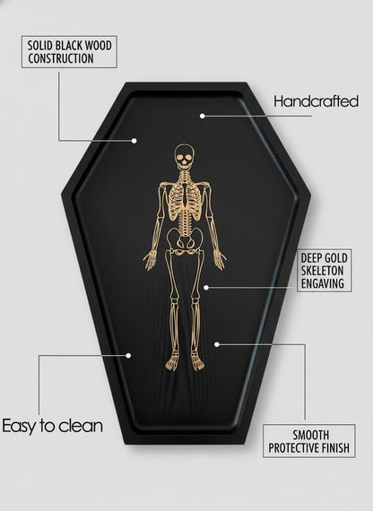 15.7" Solid Wood Coffin Charcuterie Boards with Skeleton Engraving, Halloween Serving Dish Tray, Gothic Cheese Board for Food Fruits Snack, Goth Kitchen Accessories