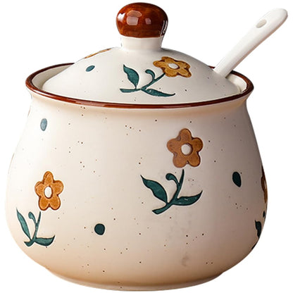 Lifenanny Sugar Bowl with Lid and Spoon, 300ml Floral Ceramic Condiment Jars Pots 10 OZ Spice Container Seasoning Canisters Box for Kitchen Coffee Bar, Yellow Flower