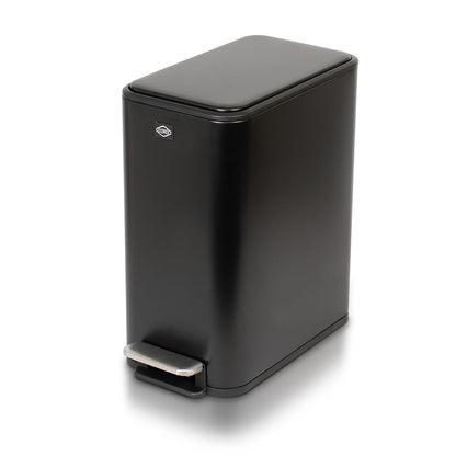 Clorox Slim Trash Can - 2.6 Gallon (10 Liter) Small Metal Trash Can with Soft Close Lid, Step Pedal, Removable Bucket - Black Stainless Waste Bin for Narrow Spaces, Bathroom, and Office