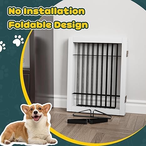 Semiocthome Freestanding Dog Gate Indoor, Dog Gates for Doorways and Stairs, 24" H- 4 Panels Puppy Gate with 2 Metals Stands Adjustable Safety Fence Wire Pet Gate - White
