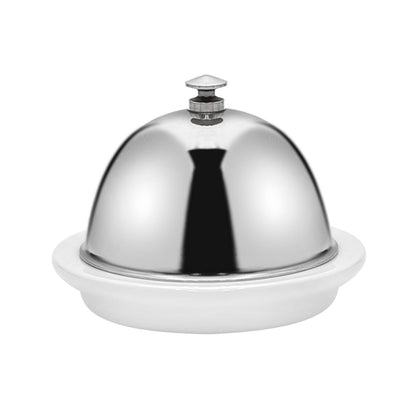 EATAKWARD Ceramic Butter Dish with Stainless Dome Cover, Cheese Dish with Lid, Small Cheese Plate Serving Tray with Silver Handled Lid for Countertop, Dessert, Cupcake, Cream Cake, Appetizer
