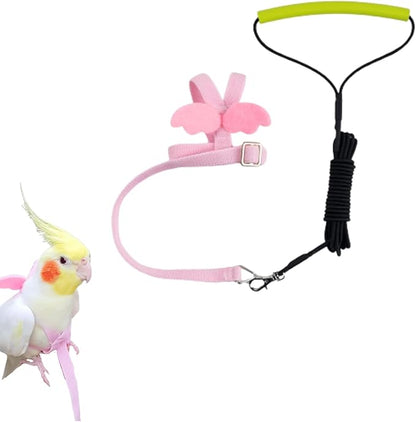 Pet Parrot Bird Harness and Leash, Adjustable Training Design Anti-Bite, Bird Nylon Rope with Cute Wing for Lovebird Budgie African Grey Macaw Conure (Pink,L)