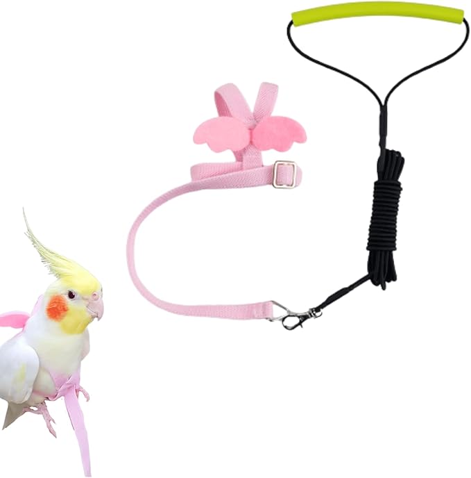 Pet Parrot Bird Harness and Leash, Adjustable Training Design Anti-Bite, Bird Nylon Rope with Cute Wing for Lovebird Budgie African Grey Macaw Conure (Pink,Macaw)