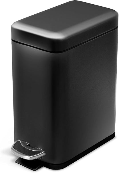 Home Zone Living 1.3 Gallon Small Bathroom Trash Can with Lid and Step Pedal, Stainless Steel Wastebasket with Slim Design for Home and Office, Matte Black, 5 Liters