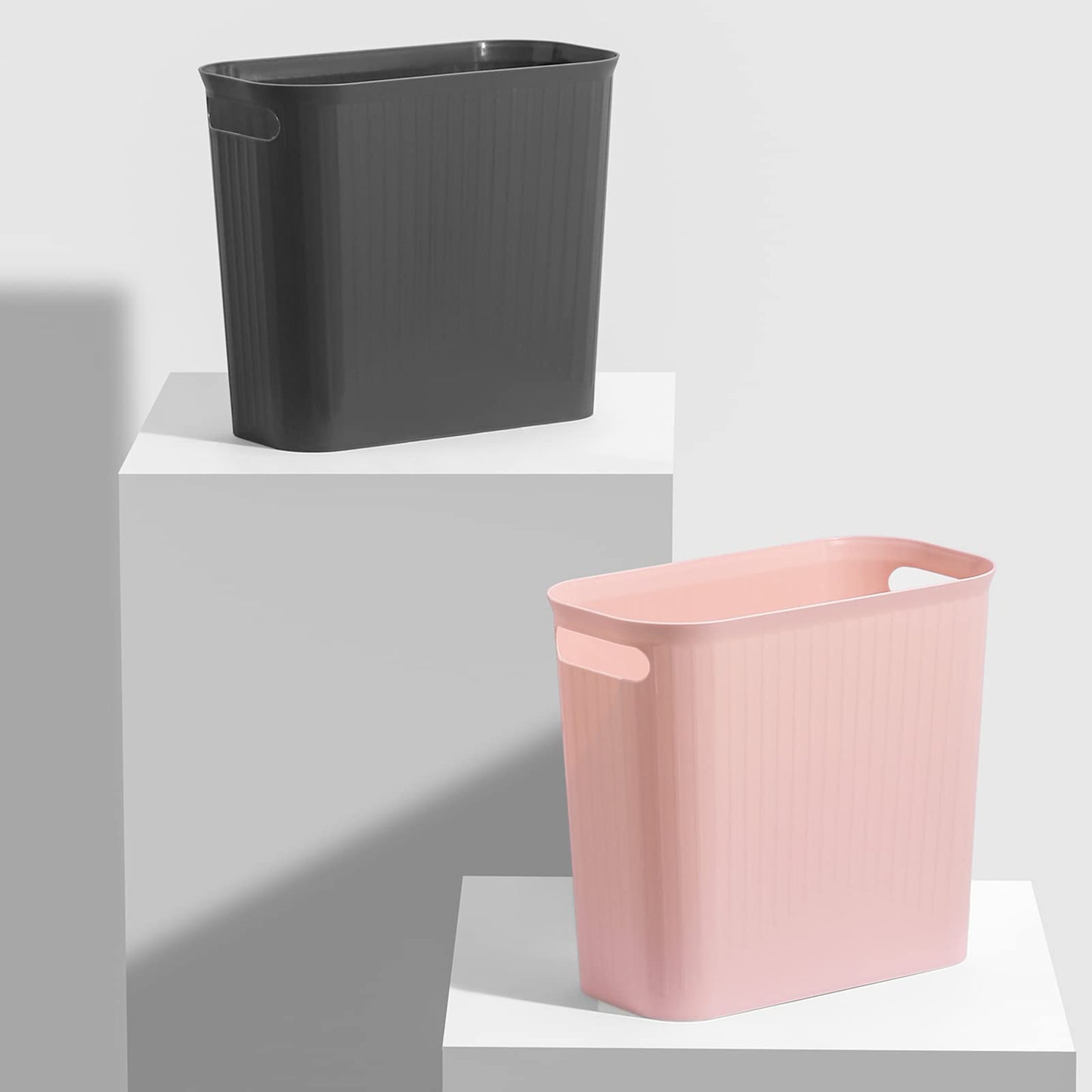 rejomiik Small Trash Can, 3.5 Gallon Garbage Can Slim Waste Basket Plastic Trash Bin Container with Handles for Bathroom, Bedroom, Office, Home, Dorm Room, Kitchen, Rectangular, Rosette Pink